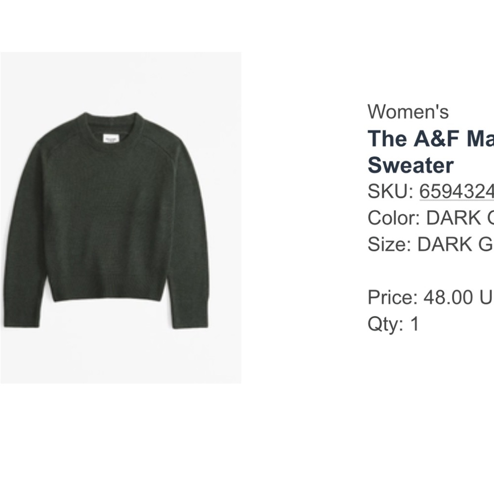 NWOT A&F Madeline Crew Sweater sz S Dark Green